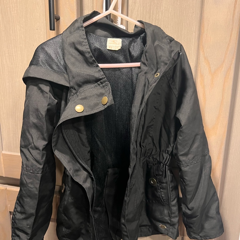 O'Neill Black and Gold Utility Jacket with Asymmetrical Zipper Size XS